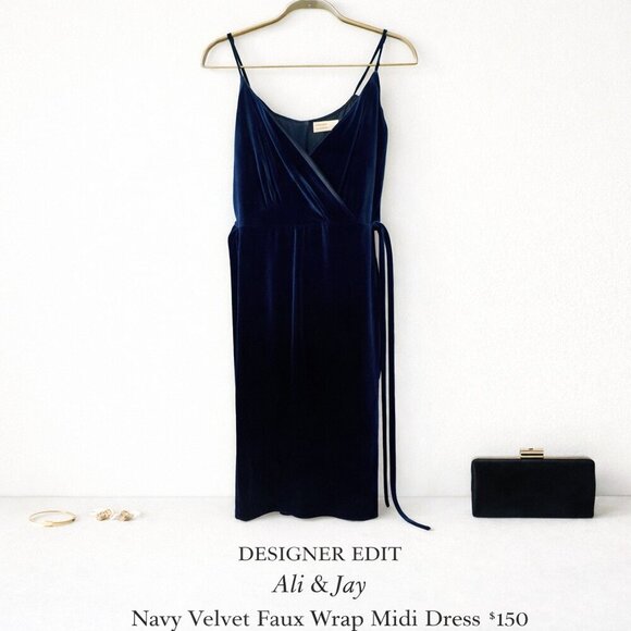 ALI & JAY Dresses & Skirts - Ali & Jay Navy Velvet Faux Wrap Tie Waist Midi Dress Adjustable Straps L